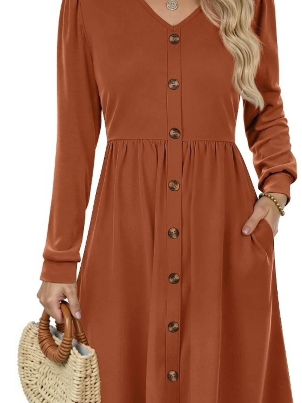 Rust Button-Front V-Neck Women's Dress